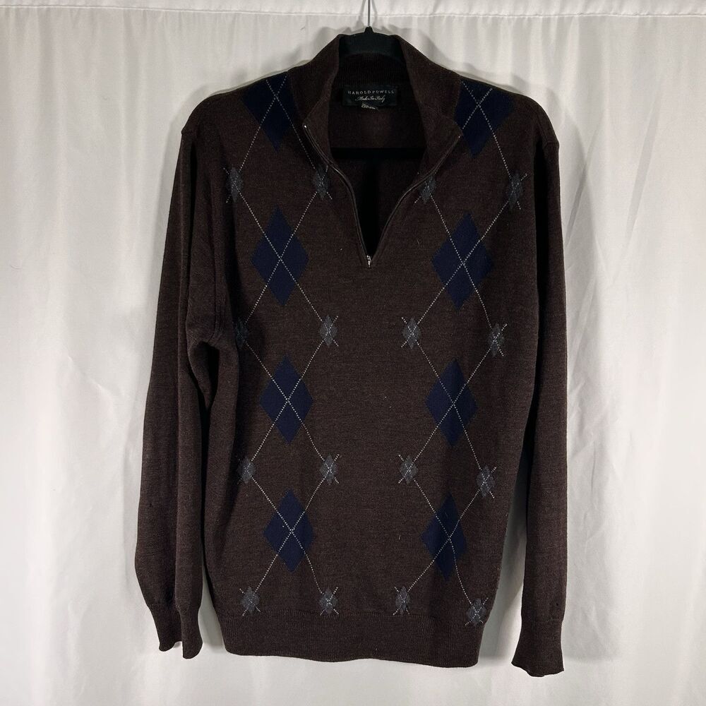 Harold Powell Wool Sweater Men's Medium Brown Knit Long Sleeve 1/4 Zip Merino